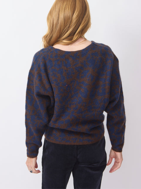 Silk Cashmere V-Neck, Leo Floral Midnight