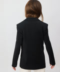 Black tailored blazer with structured shoulders and a classic collar, shown from the back.