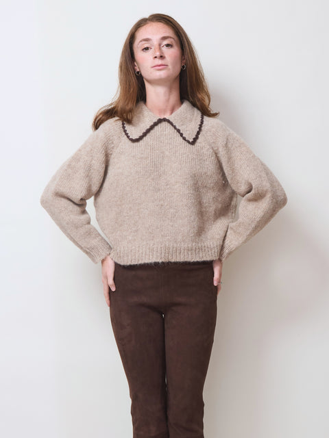 Crochet Pullover, Oat/Brown