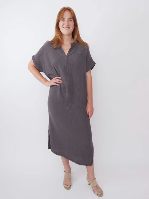 Mandarin Gauze Dress, Charcoal