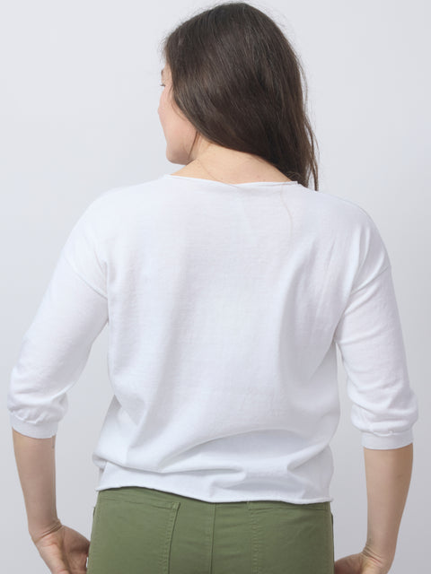Cotton V-Neck Pullover, white elbow sleeve