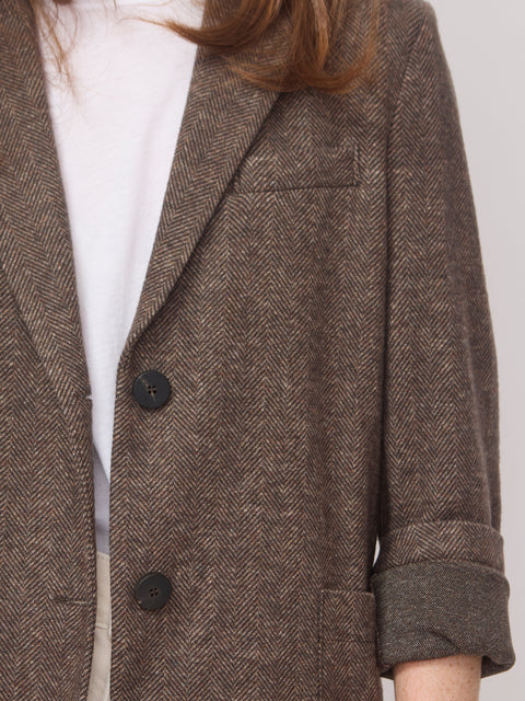 Collared Patterned Blazer, Brown Herringbone
