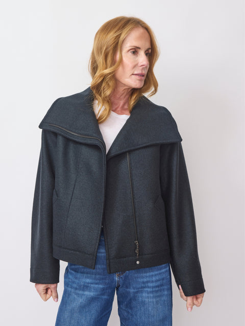 Funnel Wool Biker Jacket, Dark Blue