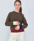 Woman wearing a brown sweater with color-blocked cuffs on a white background
