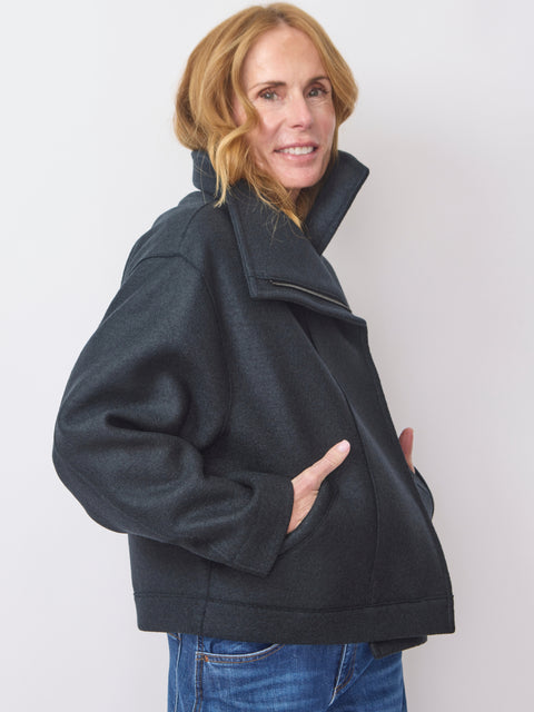 Funnel Wool Biker Jacket, Dark Blue