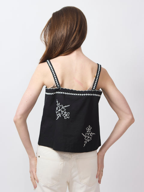 Weekend Tank, hanky embroidery, black