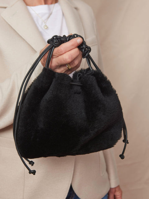 Mini Drawstring, Black Shearling