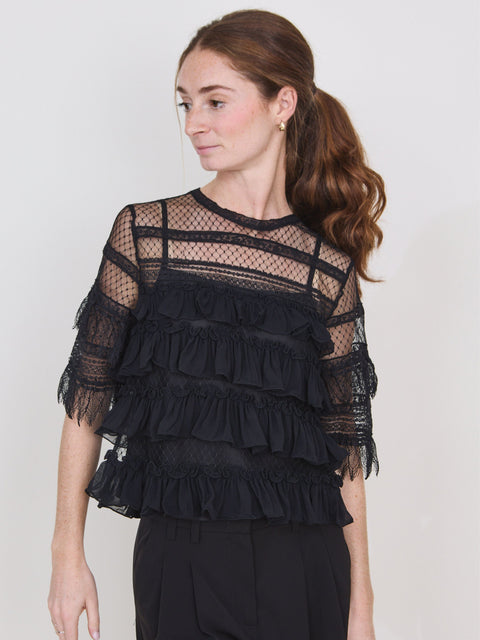Winter Mesh Flounce Top, Black