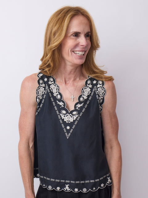 Embroidered Floral Slip Top, Black