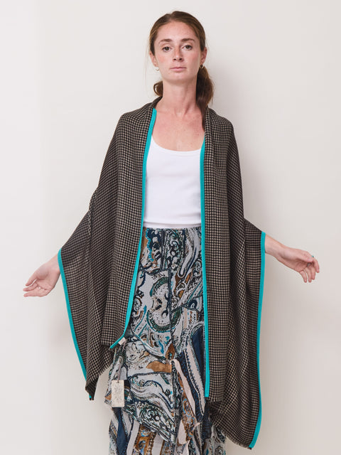 Houndstooth Selvedge Scarf, beige/turquoise