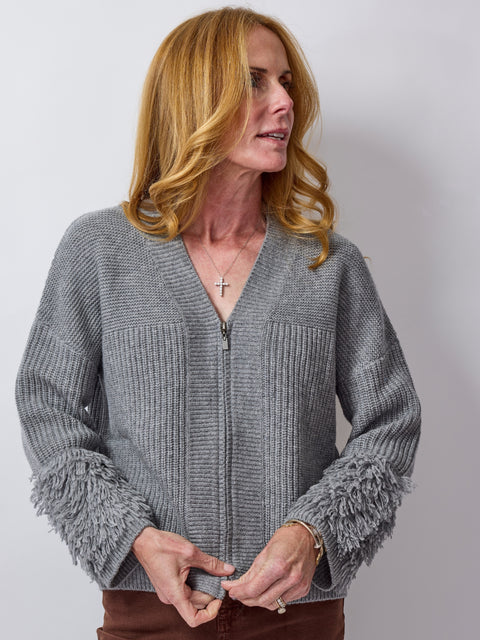 Fringe Sleeve Cardigan, granite