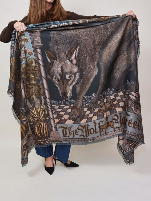 Wolf You Feed, 195cm silk rectangle, gunmetal