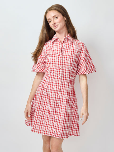 Rosie Assoulin Red Plaid A-Line Mini Shirt Dress Red Plaid / 6