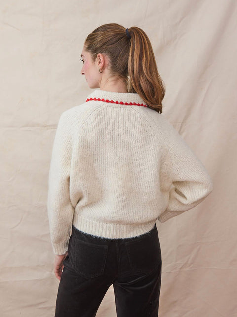 Crochet Pullover, White/Cherry