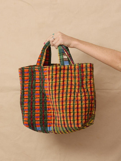 Quilted Velvet Tote, plaid