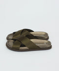 Olive green satin sandals with wide crisscross straps and cushioned footbed.