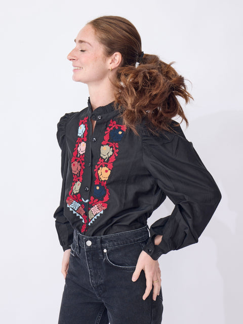 Annabel Emblem Panel Shirt, Black
