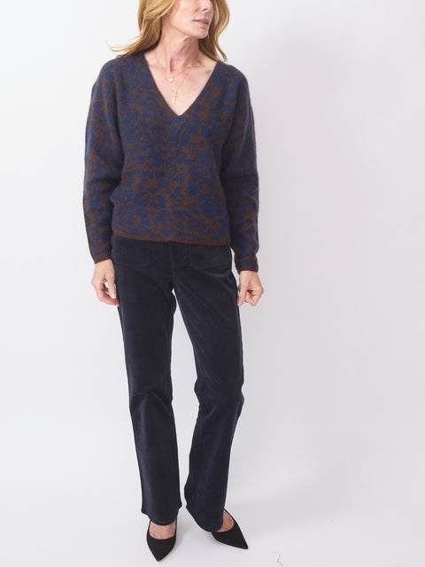 Silk Cashmere V-Neck, Leo Floral Midnight