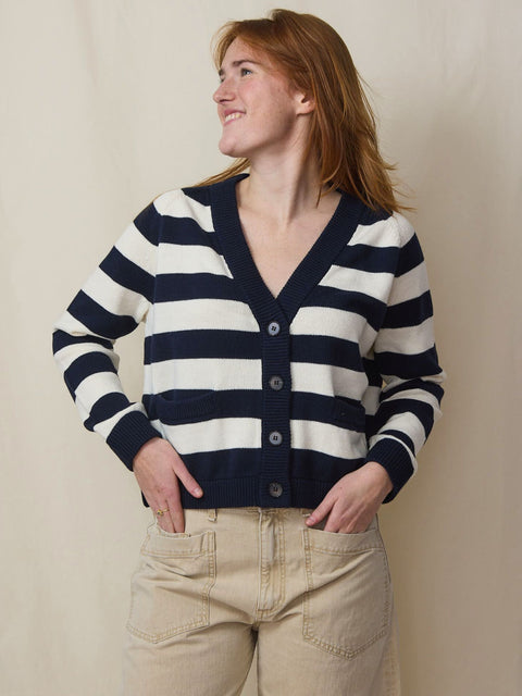 Varsity Cardigan, Navy Stripe