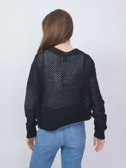 Open Knit V-Cardigan, Noir