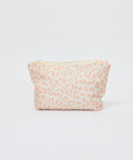 Beige fabric pouch with soft pink leopard print and white zipper closure.