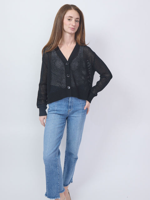 Open Knit V-Cardigan, Noir