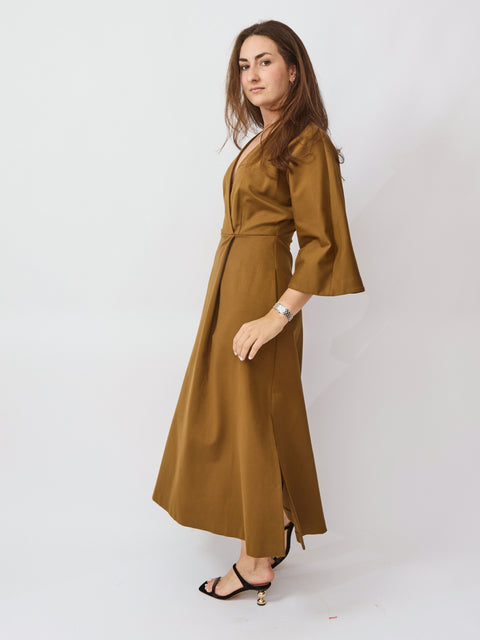 V-Neck Bell Sleeve Dress, Sigaro