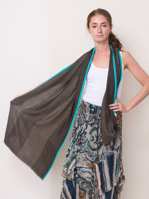 Houndstooth Selvedge Scarf, beige/turquoise