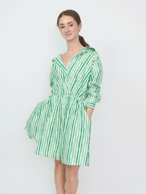 Green and white striped off-shoulder mini dress with long sleeves and a tiered skirt.