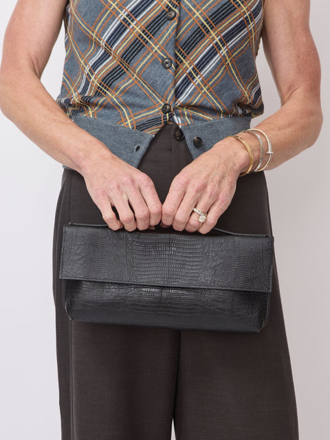Top Handle Lizard Clutch, Black