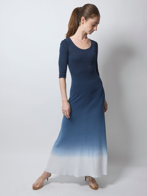 1/2 Sleeve Boatneck Dress 1x1 Ombre, Blue Carlo