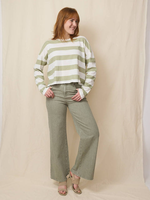 Cropped L/S Tee, Pistachio Stripe