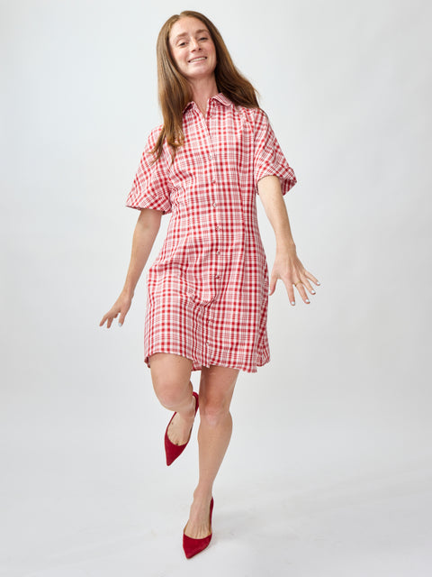 A-Line Mini Shirt Dress, Red Plaid