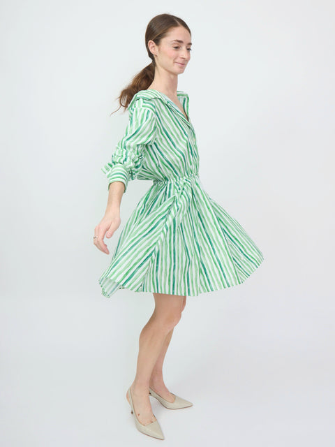 Green and white striped off-shoulder mini dress with long sleeves and a waist tie.