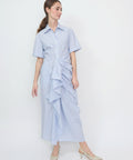 Blue and white striped shirt dress with short sleeves and gathered ruffle detail down the front.