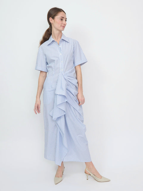 ruffle front shirt dress In Perfect Order Pink Stripe Button Front Ruffle Collar Midi Shirt Dress