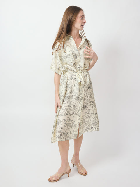 Ecru midi dress with floral print, short sleeves, collar, and waist tie belt.