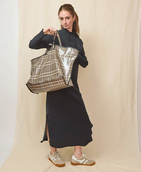 woman with large Kassl tote sweatshirt dress from frank and eileen and gola sneakers