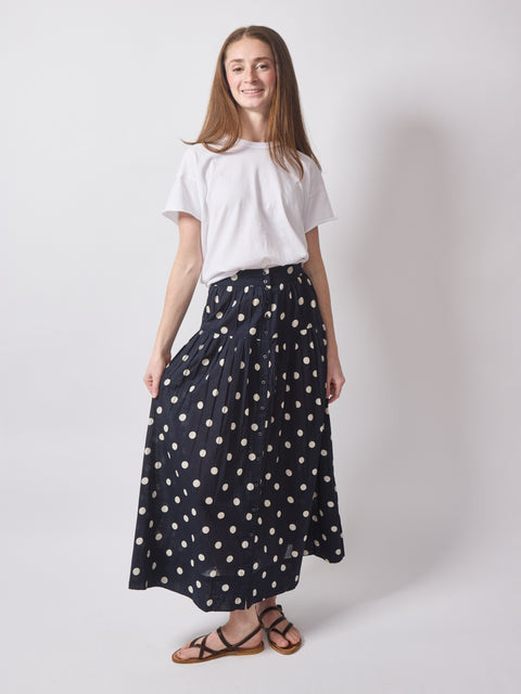 Highland Skirt, Navy Cream Polka Dot