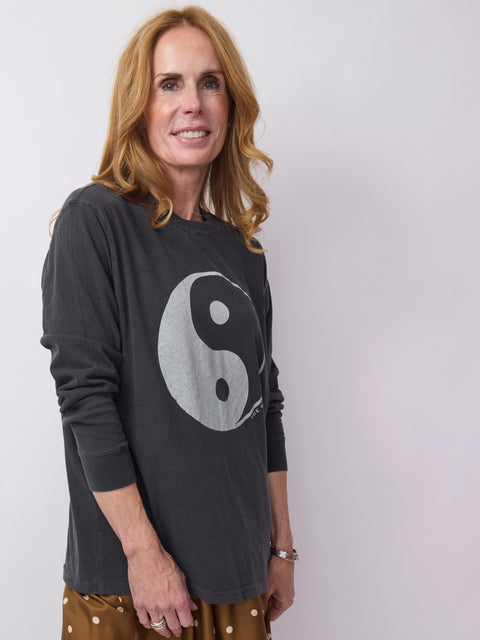 Long Sleeve Crew W/ Yin Yang, Washed Black