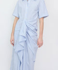 Light blue and white striped shirt dress with short sleeves, collared neckline, button front, and gathered ruffle detailing.