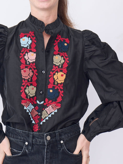 Annabel Emblem Panel Shirt, Black