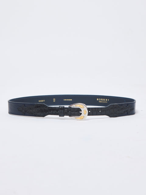 La boston small western buckle belt, navy/black