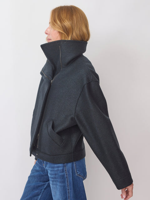 Funnel Wool Biker Jacket, Dark Blue