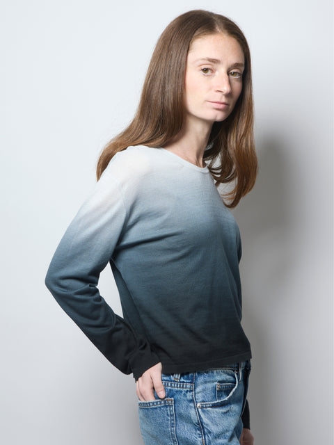 Cotton L/S Crewneck Top, Black Ombre