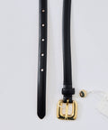 Black leather belt with gold rectangular buckle and multiple adjustment holes.