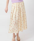Ecru midi skirt with soft pink floral print and gathered waistband.