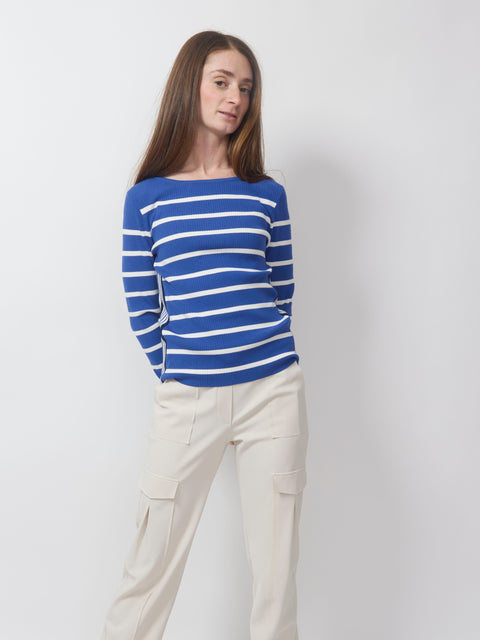 Rib Stripe Boatneck, Blue/White