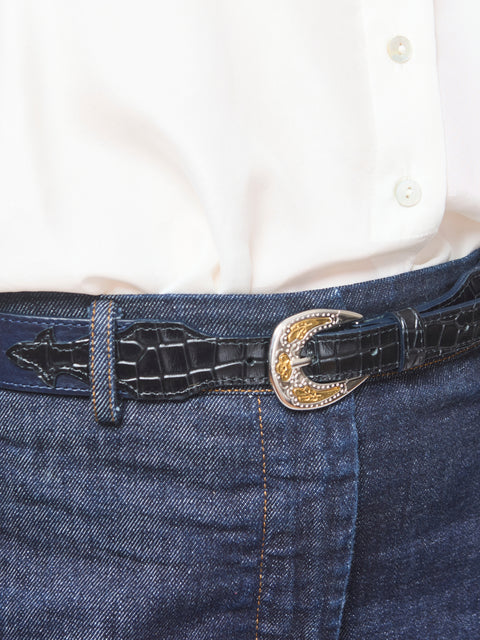 La boston small western buckle belt, navy/black