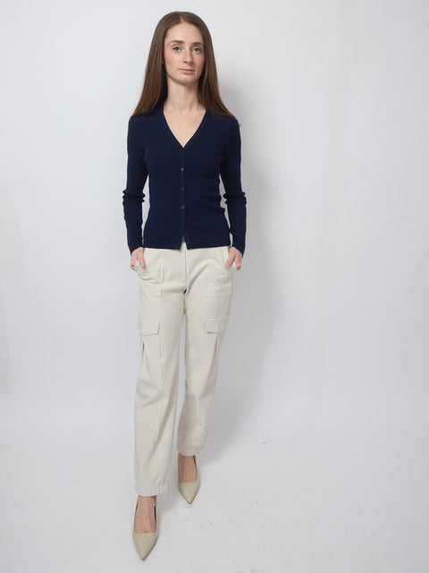 Pointelle Button Front Vee, Navy